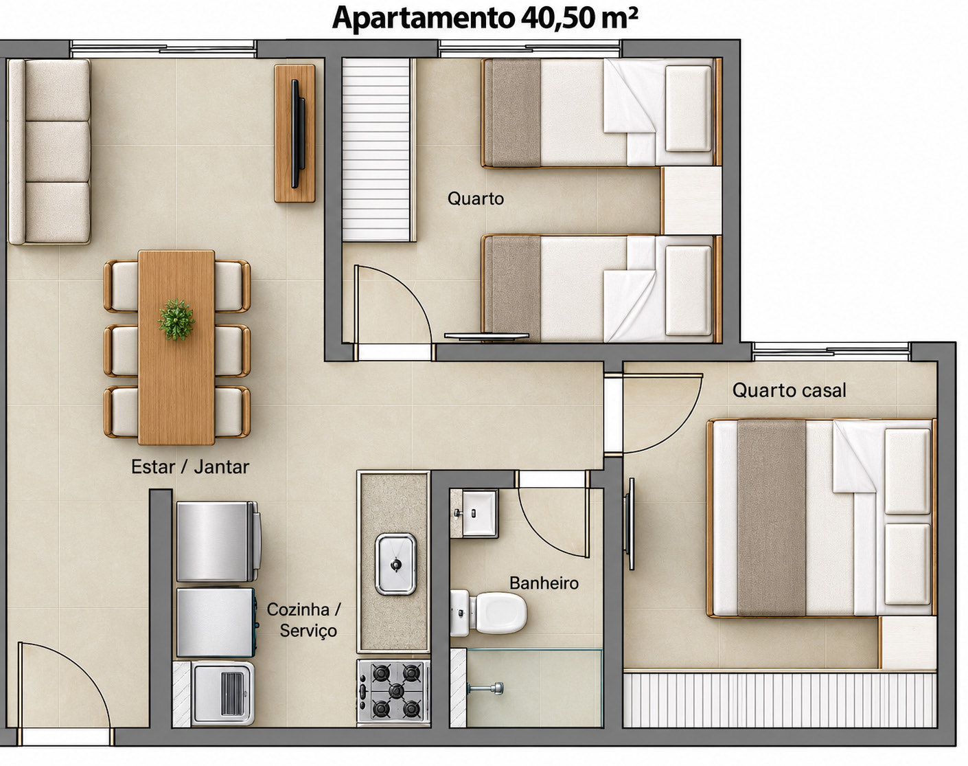Planta do apartamento de 40,50 m², com sala, cozinha, dois quartos e banheiro