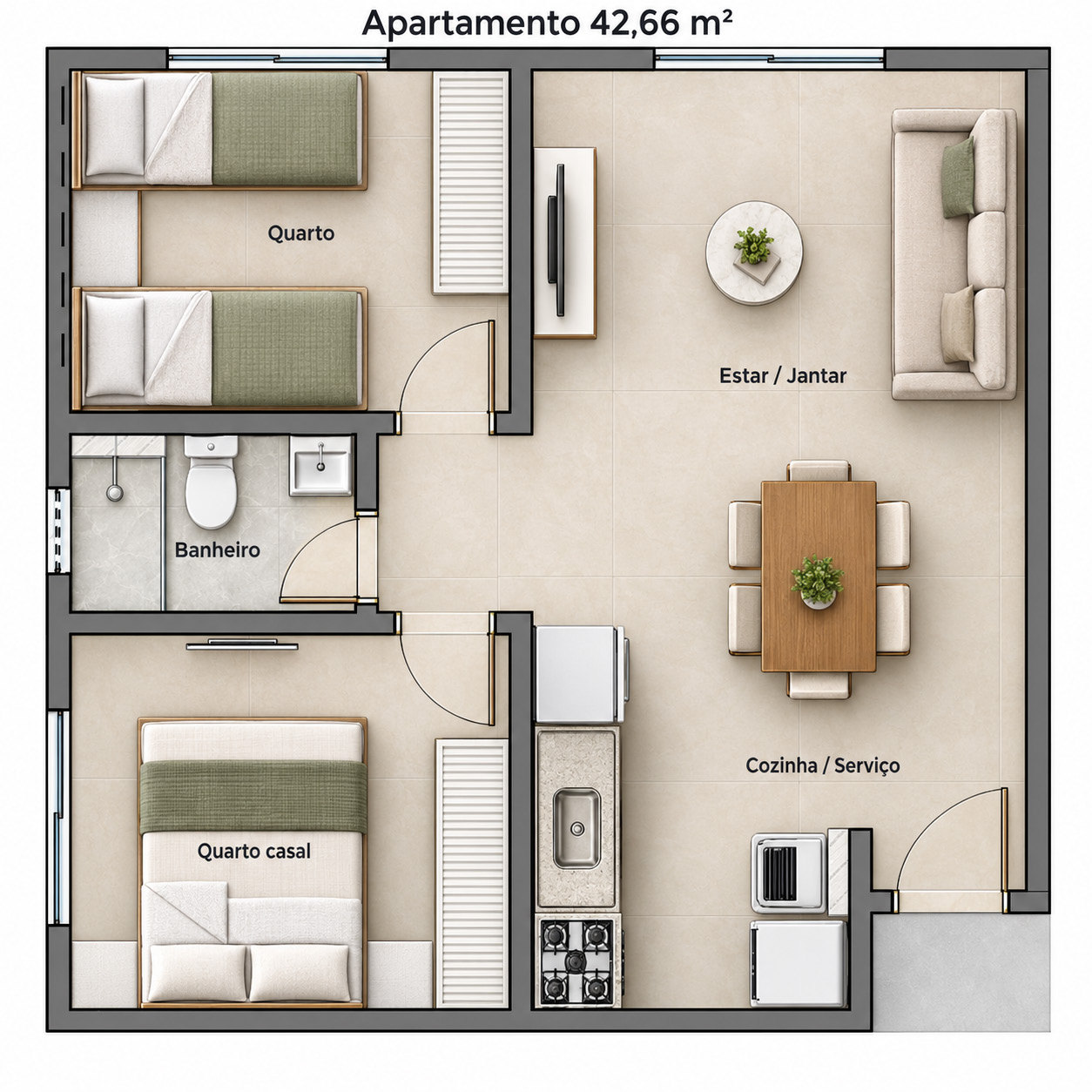 Planta do apartamento de 42,66 m², com sala, cozinha, dois quartos e banheiro